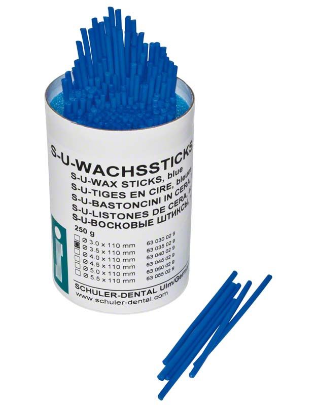 S-U-Wachssticks Ø 3,5 mm in blauer Farbe, Produktverpackung sichtbar.