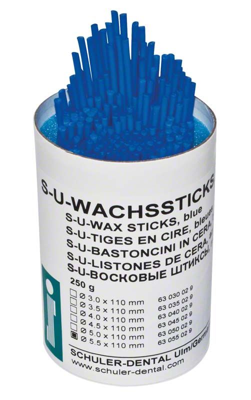 Blaue S-U-Wachssticks Ø 5,5 mm in zylindrischer Verpackung.