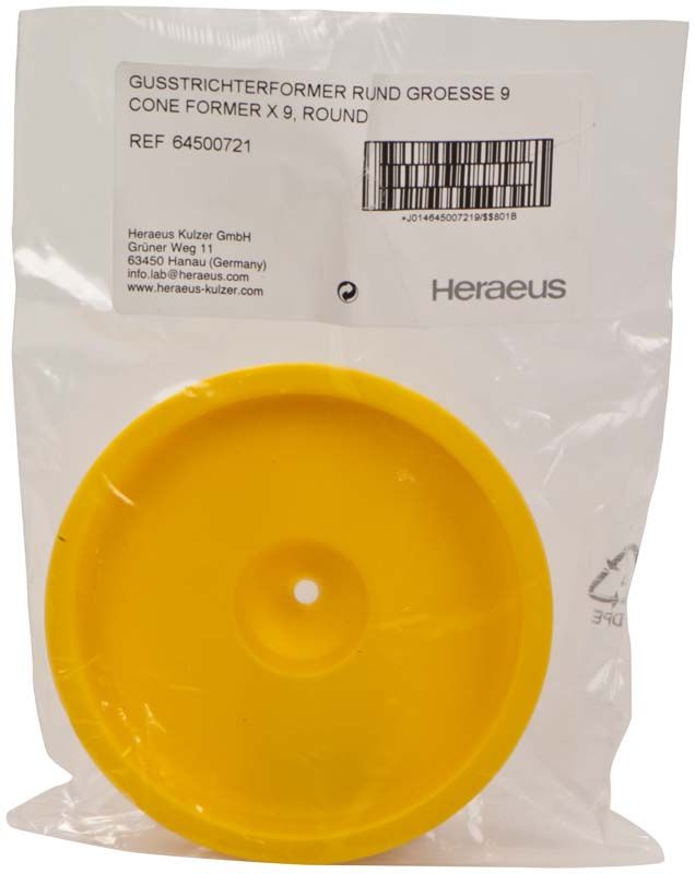 Gelber Gusstrichterformer für Silikonring X9 in transparenter Verpackung.