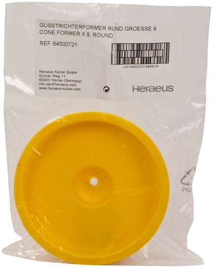 Gelber Gusstrichterformer für Silikonring X9 in transparenter Verpackung.