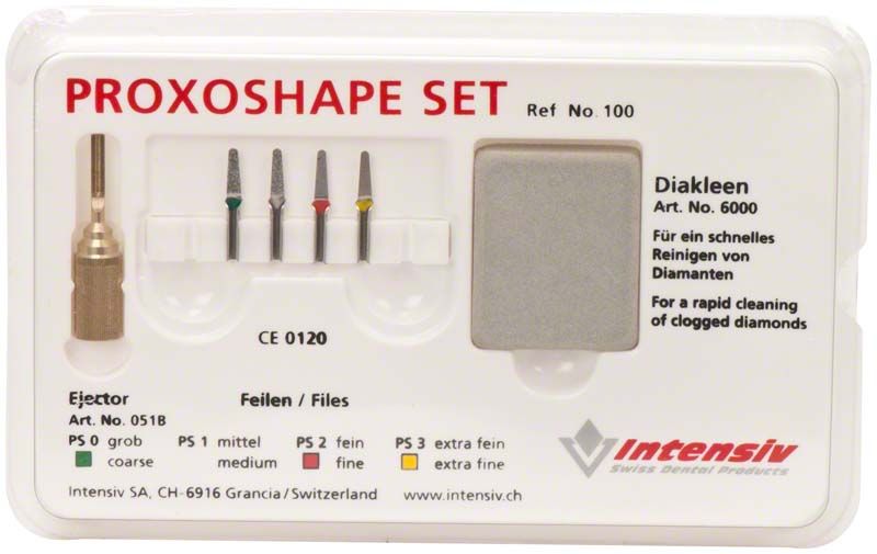 PROXOSHAPE Set mit diamantierten Feilen und Reinigungsstein in Verpackung.