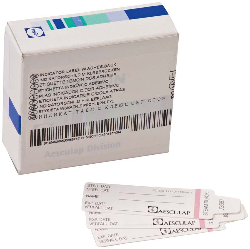 Indikatorschilder mit selbstklebendem Rücken und Sterilisationsindikator.