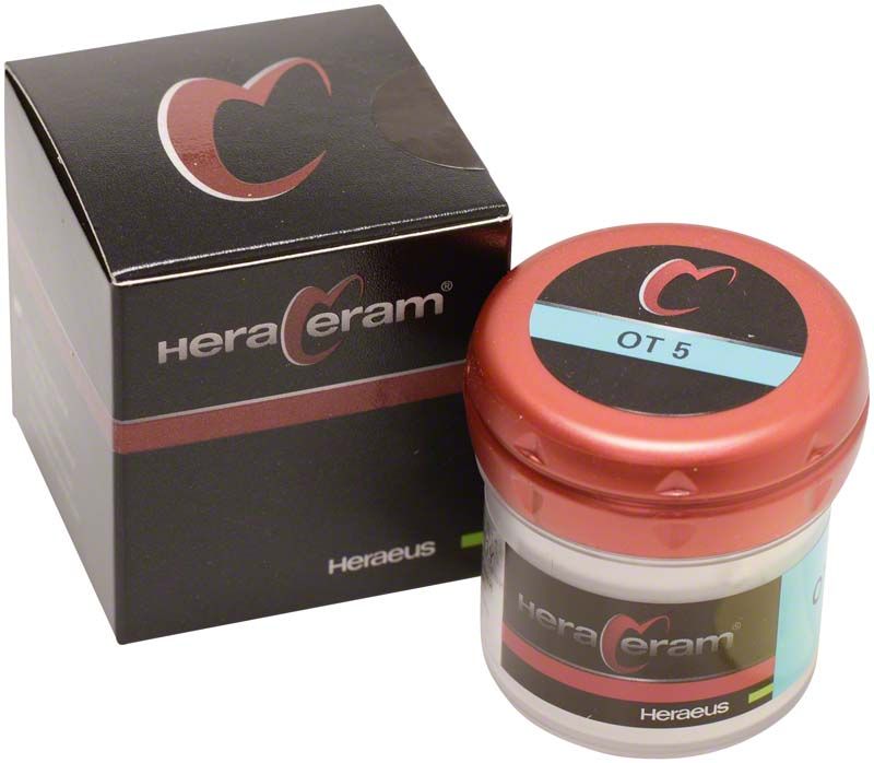 HeraCeram® Opal Transpa 20g - OT5 in rotem Behälter mit Verpackung.