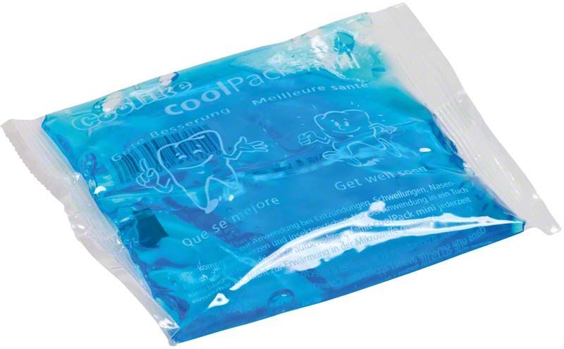Gel-Kaltkompresse coolPack mini mit "Gute Besserung"-Aufdruck und lächelnder Zahn-Grafik.