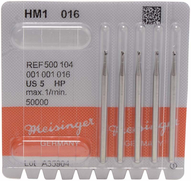 Hartmetallbohrer HM1 016 HP in transparenter Verpackung mit fünf Bohrern.
