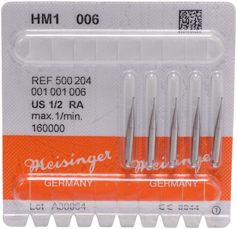 Hartmetallbohrer HM1 006 RA in Blisterverpackung mit sechs Bohrern.