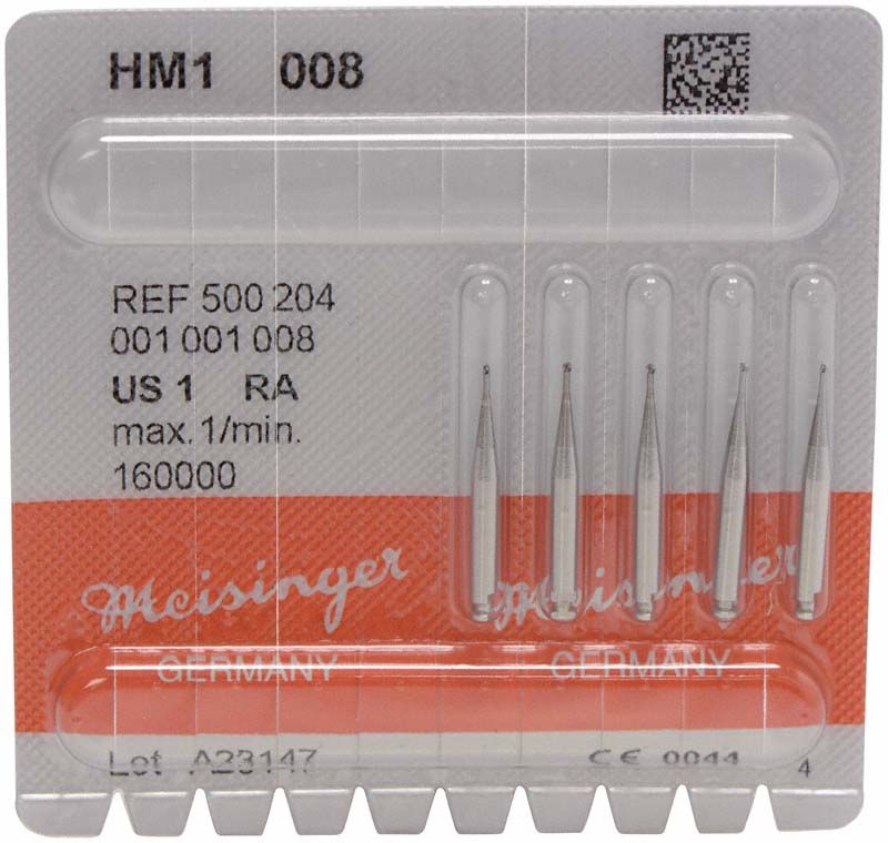Hartmetallbohrer HM1 008 RA in Blisterverpackung mit fünf Bohrern.