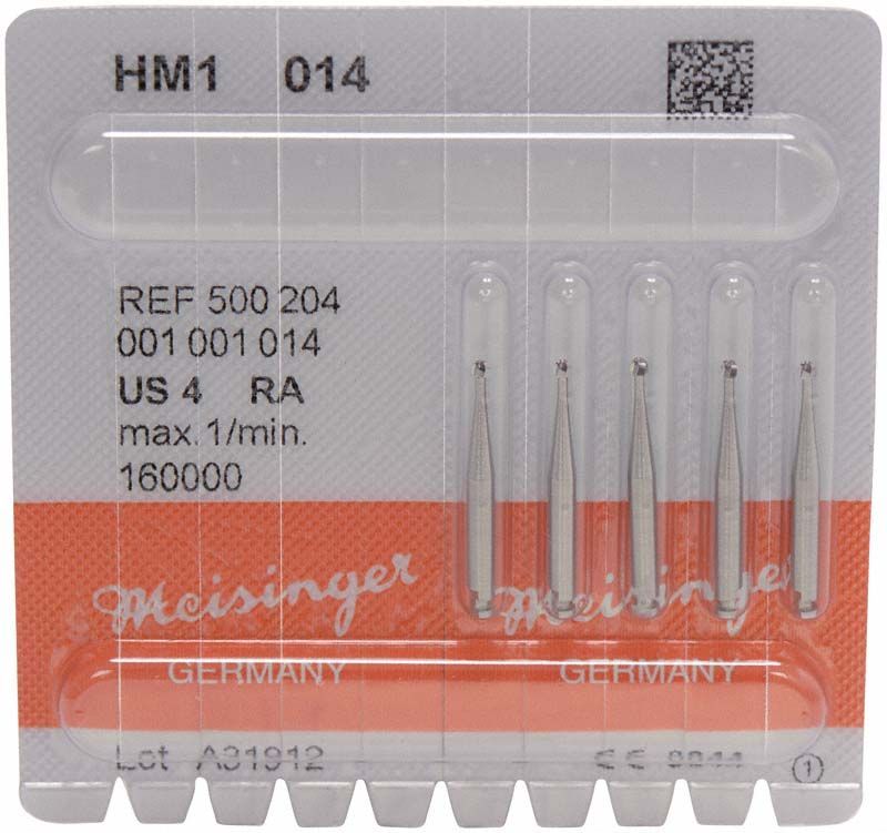 Hartmetallbohrer HM1 014 RA in Blisterverpackung mit fünf Bohrern.