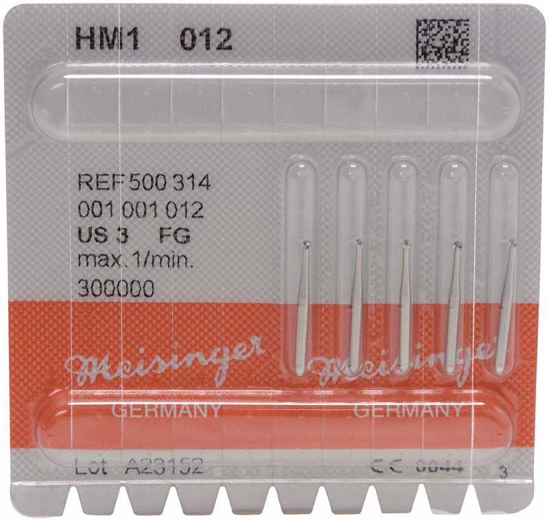 Hartmetallbohrer HM1 FG 012 in Verpackung mit fünf Bohrern.