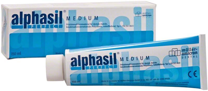 Alphasil perfect medium Zahnarztmaterial in 150 ml Tube und Verpackung.