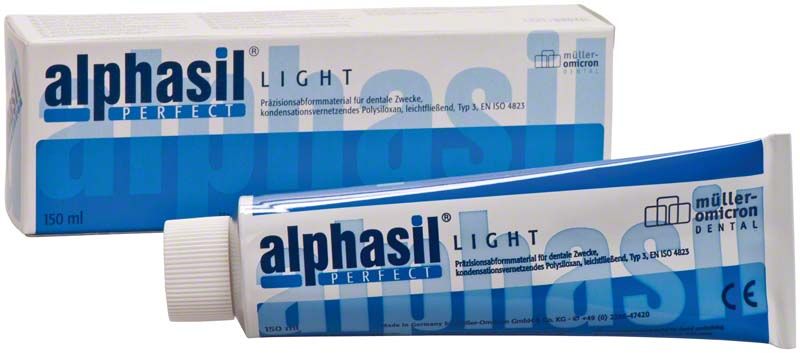 Alphasil perfect light Tube und Verpackung mit Müller-Omicron Logo.