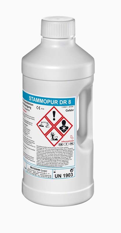 Stammopur DR 8 Lösung in weißer Plastikflasche mit Gefahrensymbolen.