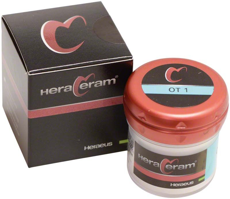 HeraCeram® Opal Transpa 20g OT1 in rotem Behälter mit Verpackung.
