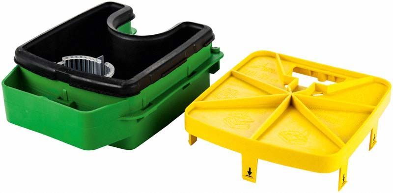 Amalgam-Einwegbehälter für AZ 100 mit gelbem Deckel und grünem Boden.