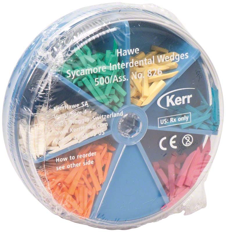 Interdentalkeile-Dispenser mit sortierten Ahornholz-Keilen in verschiedenen Farben.