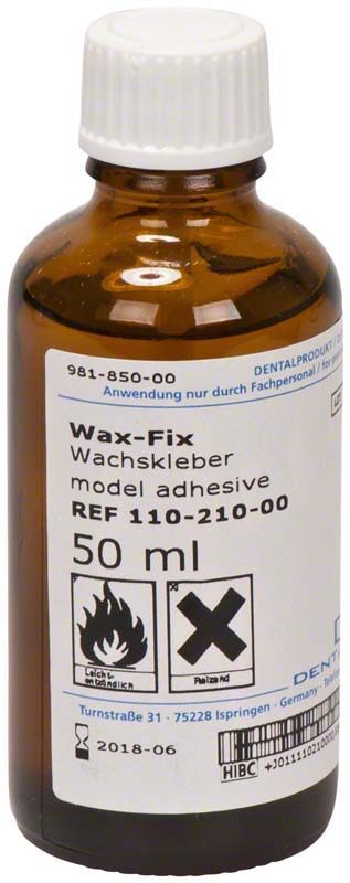 Braune Glasflasche Wax-Fix Wachskleber mit Sicherheitskennzeichnungen.