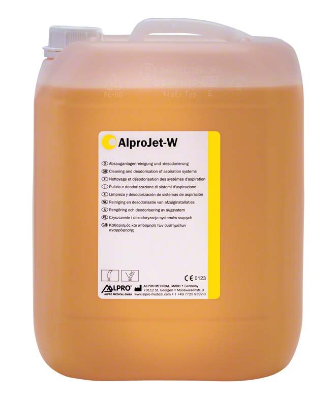 AlproJet-W 10-Liter-Kanister für zahnärztliche Absauganlagenreinigung.