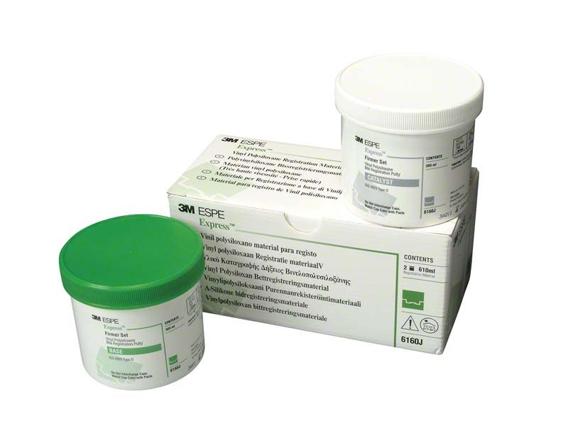 Vinyl-Polysiloxan Abformmaterial Express STD-Putty Dosen mit grünem und weißem Deckel.