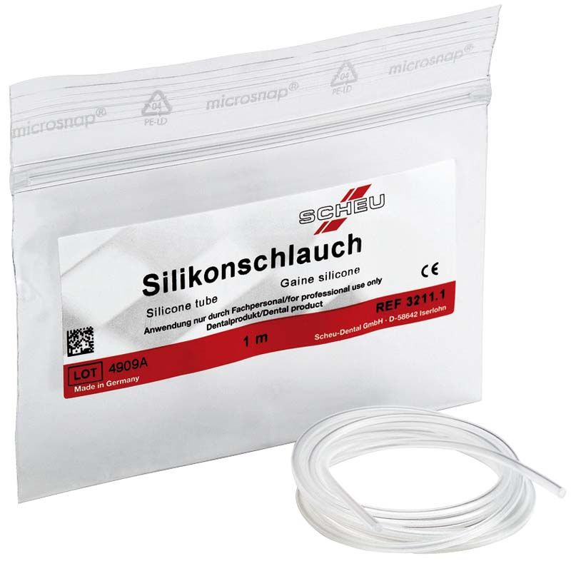 Silikonschlauch Ø 0,6-0,8mm neben geöffneter Verpackung von Scheu-Dental.