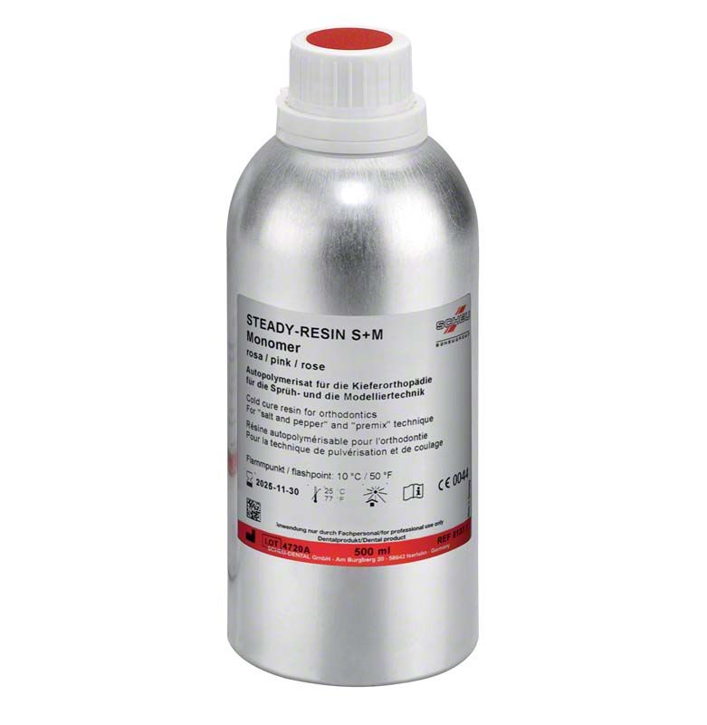 Silberne Flasche STEADY-RESIN S+M Monomer rosa 500ml mit rotem Verschluss.