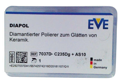 Diamantierter Keramikpolierer EVE DIAPOL® in Verpackung mit Produktdetails.