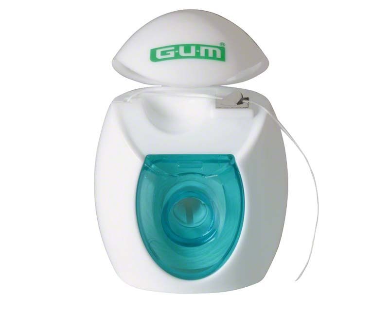 GUM® Original White Zahnseide im weißen Spender mit grünem Logo.