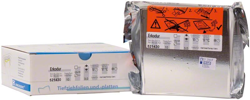 Erkodur viereckige Tiefziehfolie 125x125x3,0mm in Verpackung.