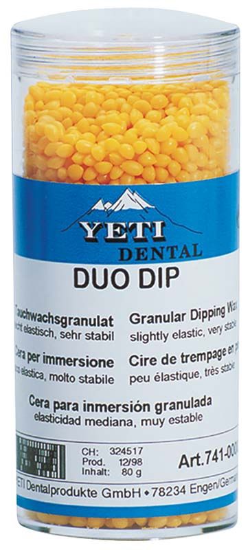DUO DIP Tauchwachsgranulat von Yeti Dentalprodukte in orangefarbener Verpackung.