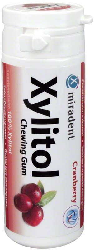 Zuckerfreier Xylitol Kaugummi Dose Cranberry mit Produktetikett und Logo.