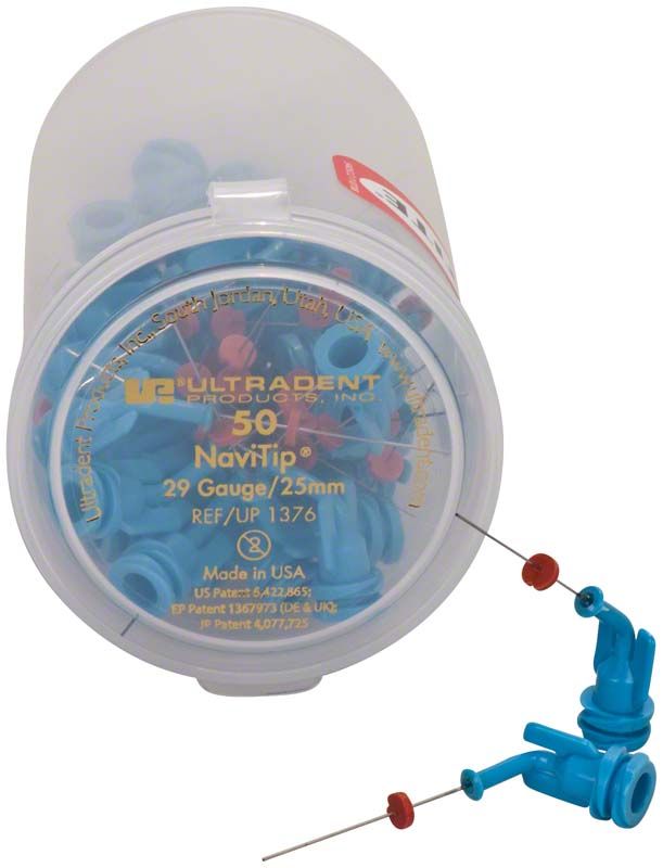 Navi Tips™ 29ga 25mm hellblau in transparenter Verpackung mit Applikator-Ansicht.