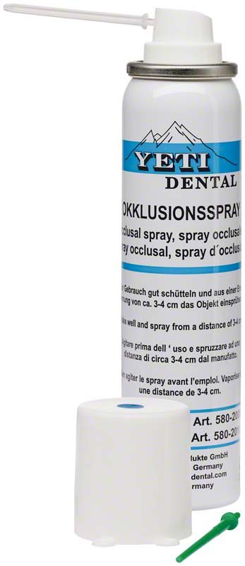 Okklusionsspray blau von Yeti Dental mit Sprühkopf und abgenommener Schutzkappe.