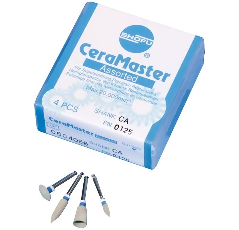 CeraMaster Schaft W Sortiment mit vier dentalen Polieraufsätzen in blauer Verpackung