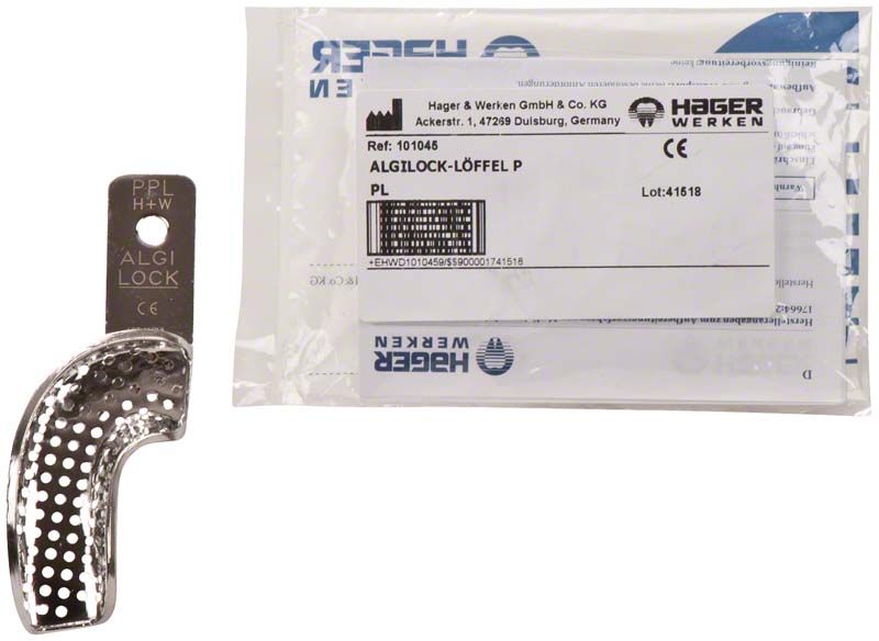 Metalllöffel Abformlöffel mit Verpackung für präzise Abdrucknahme in der Zahnmedizin.