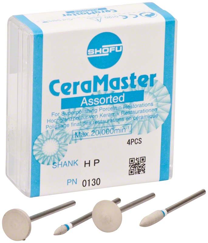 CeraMaster Schaft H Sortiment in Verpackung mit drei Polieraufsätzen.