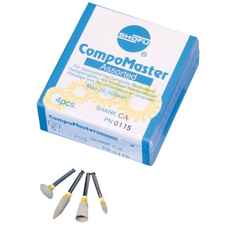 CompoMaster Schaft W Sortimentspackung mit vier Polieraufsätzen und Verpackung.