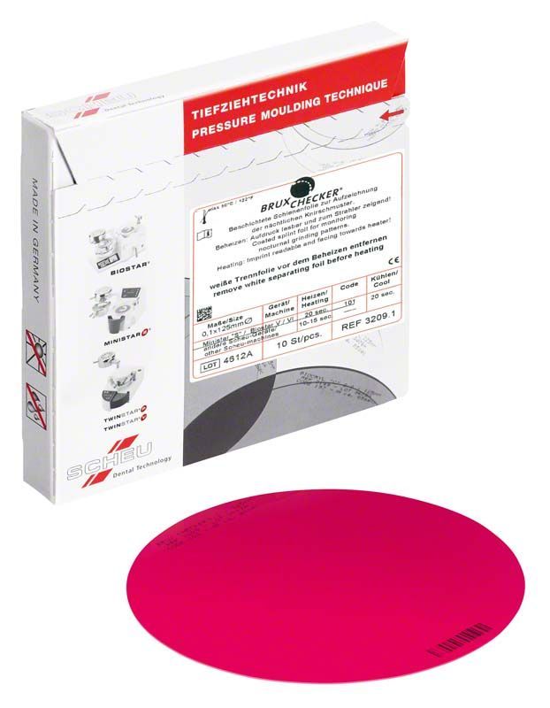 BRUX CHECKER® nach Prof. Sato rot 125mm neben Verpackung