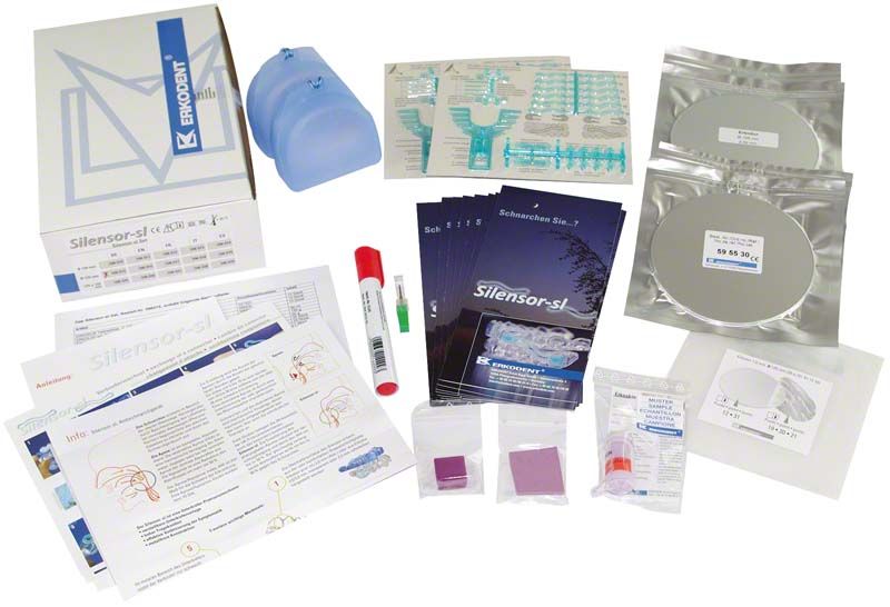 Silensor-sl Set mit Schnarchschiene, Zubehör und Verpackungselementen.