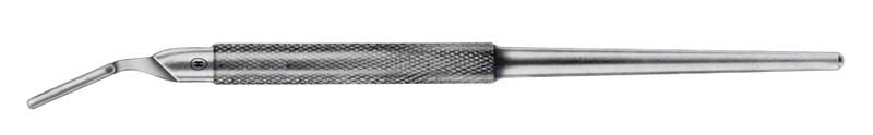 Abgewinkelter Skalpellgriff aus Metall, 16 cm lang.