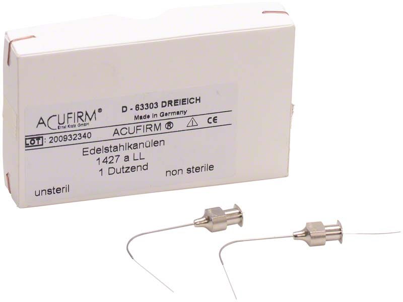 Unsterile, gebogene Spülkanülen von Acufirm mit Verpackung.