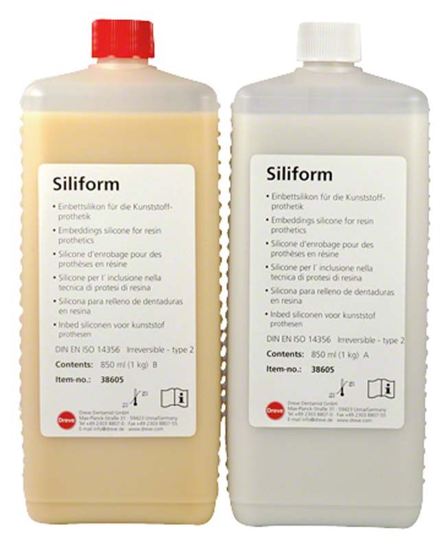 Einbettmasse Siliform 2 x 1kg, beige und weiß, mit Etiketten.