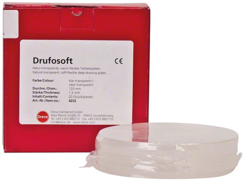 Rote Verpackung von Drufosoft® 1,5mm mit weißen Kunststoffplatten.