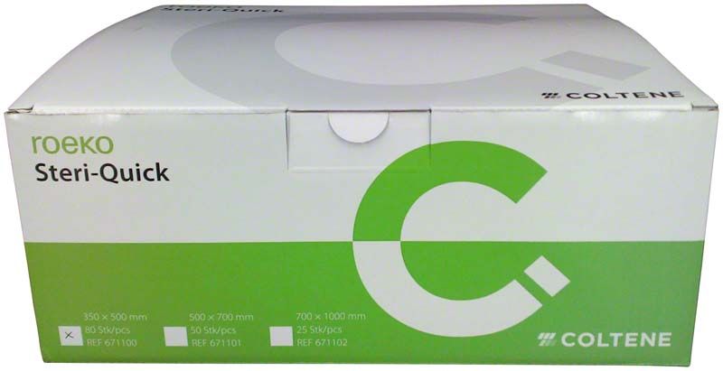 Verpackung der ROEKO Steri-Quick sterile Abdecktücher, grün-weißes Design.