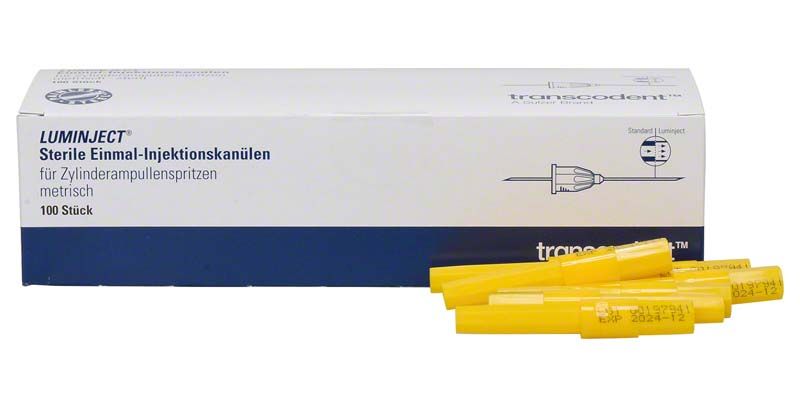 Sterile Luminject Einmalkanülen 30G in gelber Verpackung, 100 Stück.