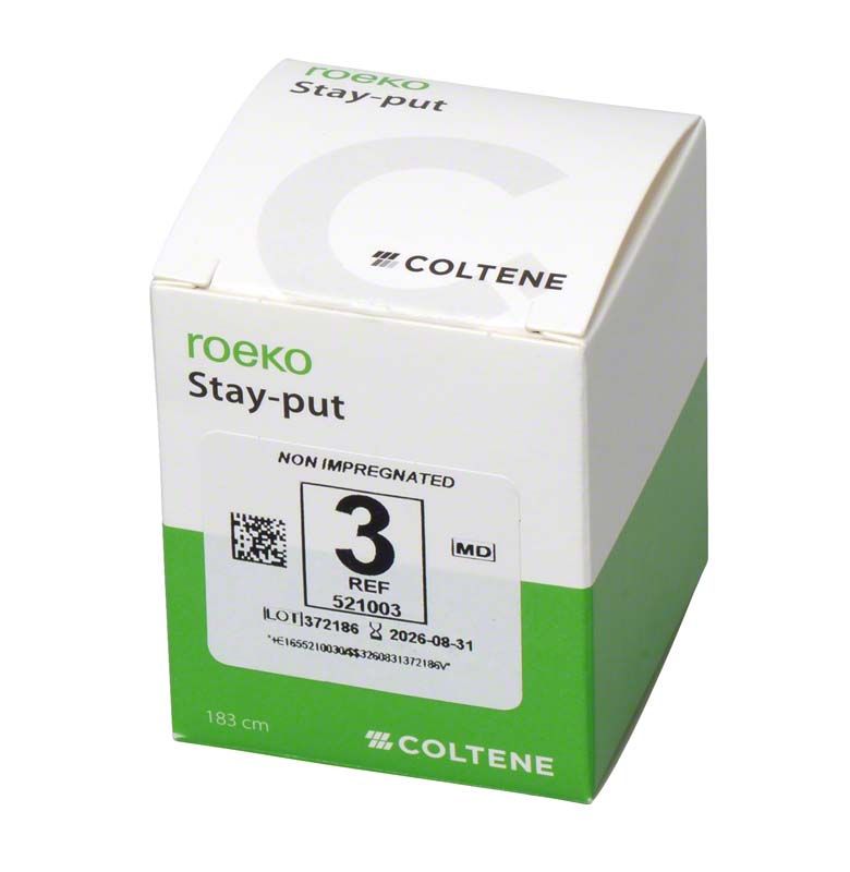 Verpackung der Stay-put ungetränkt Gr. 3 stark mit Herstellerangaben.