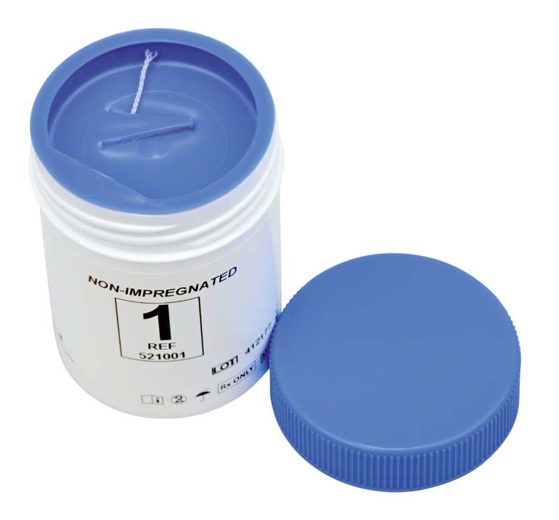 Nicht-imprägnierter Retraktionsfaden in offener Dose mit blauem Deckel.
