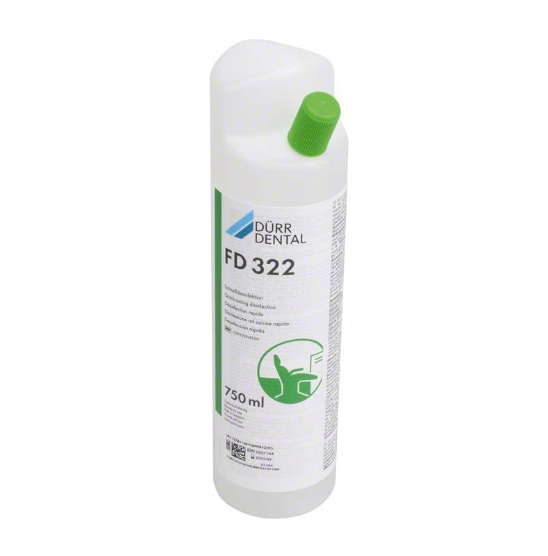 FD 322 Flasche von Dürr Dental, 750ml, mit grünem Verschluss.