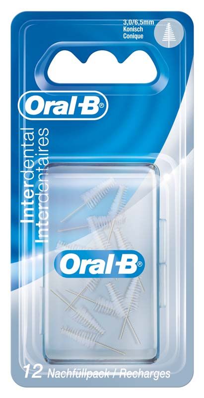 Oral B Interdental Ersatzbürsten konisch in Blisterverpackung mit zwölf Bürsten.