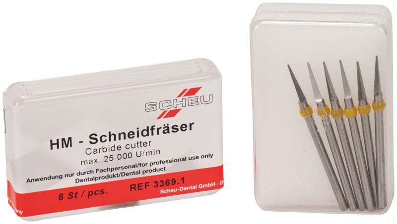 Hartmetall Schneidfräser gelb in Verpackung mit sechs Dreikantfräsern.