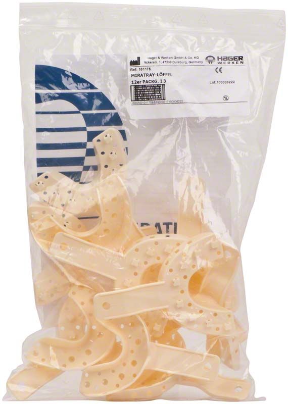 Miratray® 12er UK I3 Abformlöffel aus Kunststoff in transparenter Verpackung.