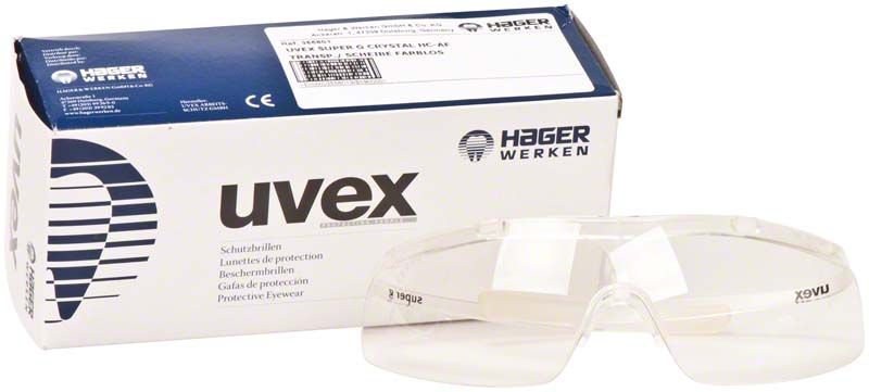 Uvex iSpec® Super Lite Fit Schutzbrille vor Verpackung mit Produktinformationen.